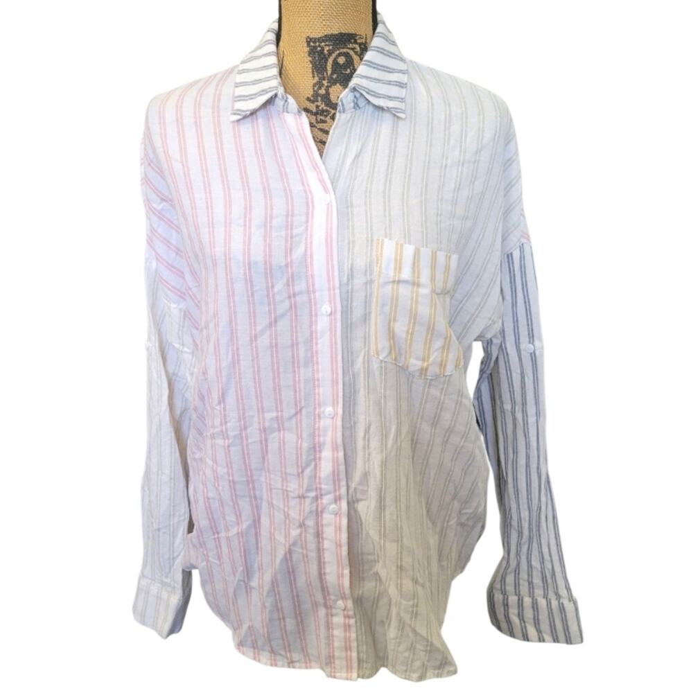 Medium Inmod White Pastel Stripe Button Down Shirt, Pink, Blue, Yellow & Gray